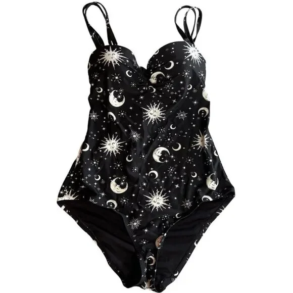 Hot Topic Black & White Sun Moon Stars Celestial One Piece Swimsuit Size Small - Picture 2 of 14